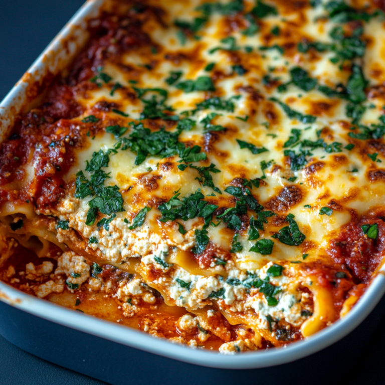 A close-up of authentic Italian lasagna with ricotta, layered with pasta, rich meat sauce, and melted cheese, served fresh from the oven.1