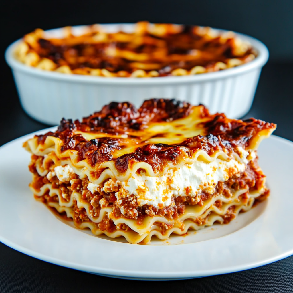 A close-up of authentic Italian lasagna with ricotta, layered with pasta, rich meat sauce, and melted cheese, served fresh from the oven.2