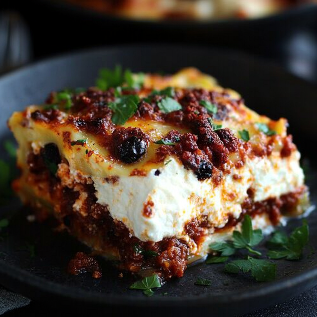 A close-up of authentic Italian lasagna with ricotta, layered with pasta, rich meat sauce, and melted cheese, served fresh from the oven.3