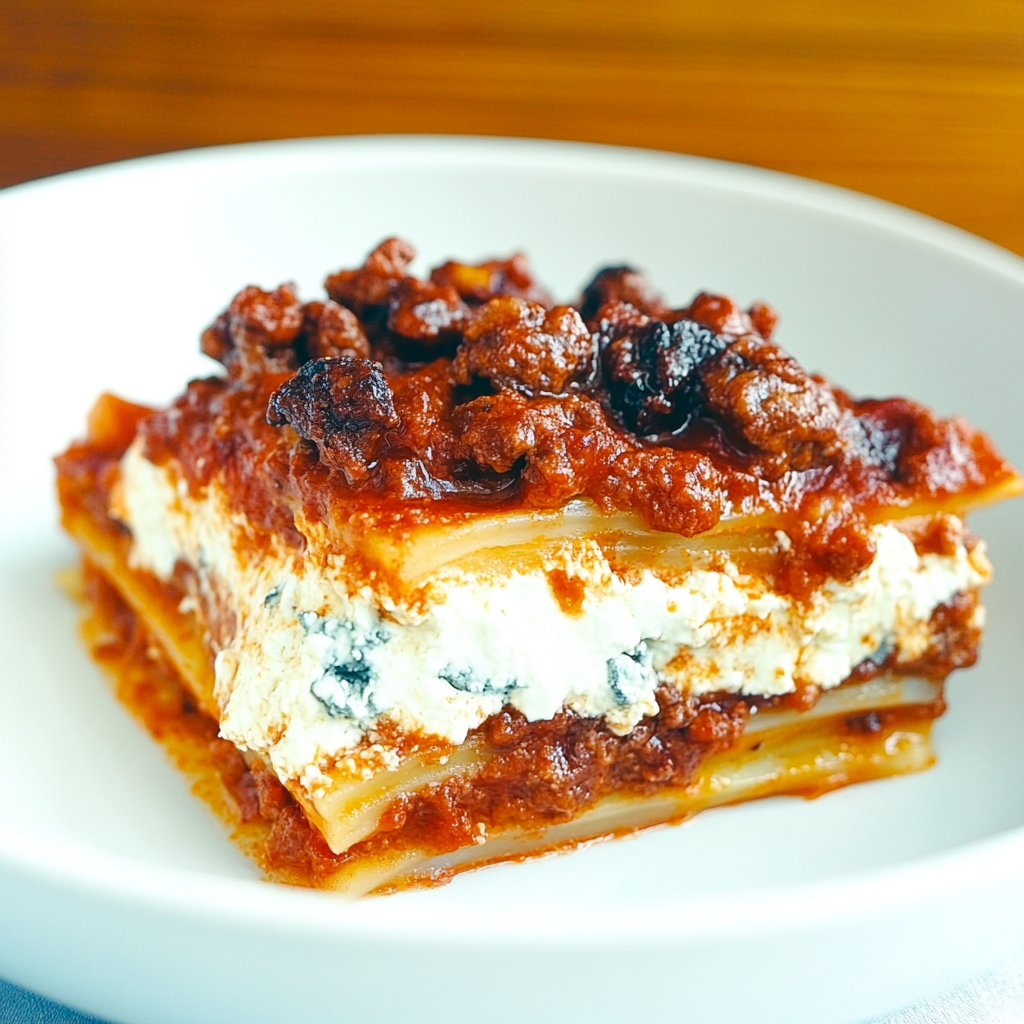 A close-up of authentic Italian lasagna with ricotta, layered with pasta, rich meat sauce, and melted cheese, served fresh from the oven.4
