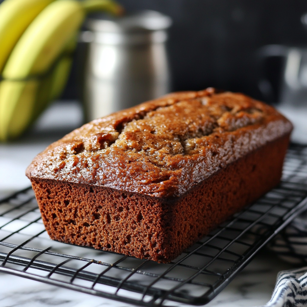Freshly sliced moist banana bread on a wooden board with a golden crust, showcasing an easy homemade banana bread recipe.4
