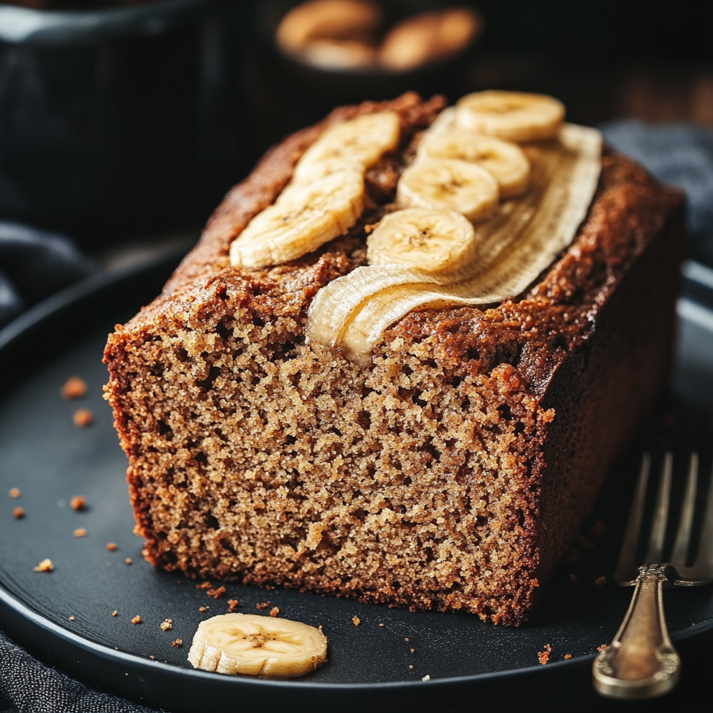 Freshly sliced moist banana bread on a wooden board with a golden crust, showcasing an easy homemade banana bread recipe.3
