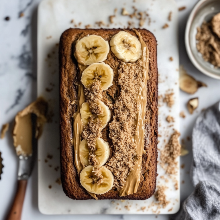 Freshly sliced moist banana bread on a wooden board with a golden crust, showcasing an easy homemade banana bread recipe.1