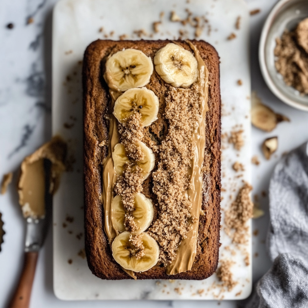 Freshly sliced moist banana bread on a wooden board with a golden crust, showcasing an easy homemade banana bread recipe.1