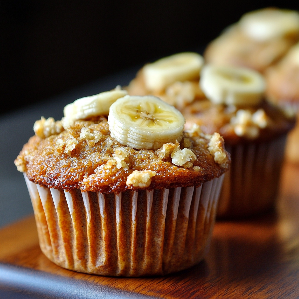 Freshly baked banana bread muffins topped with walnuts on a plate, served with a cup of coffee.1