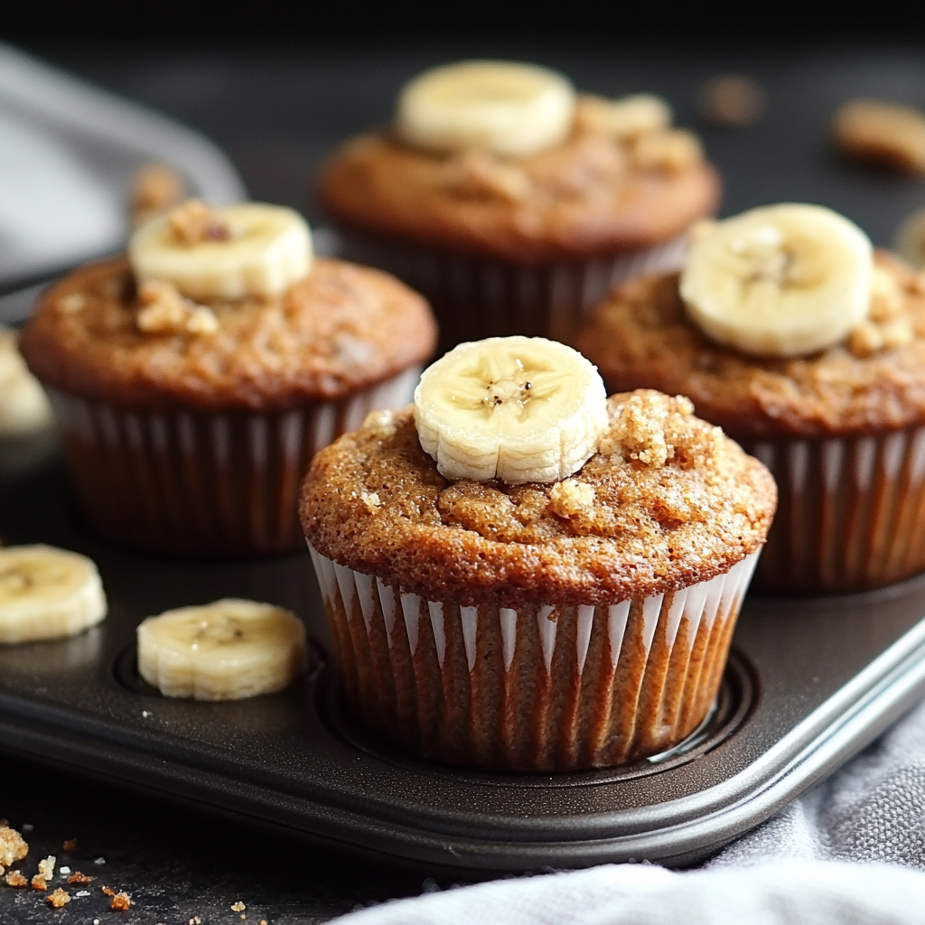 Freshly baked banana bread muffins topped with walnuts on a plate, served with a cup of coffee.4