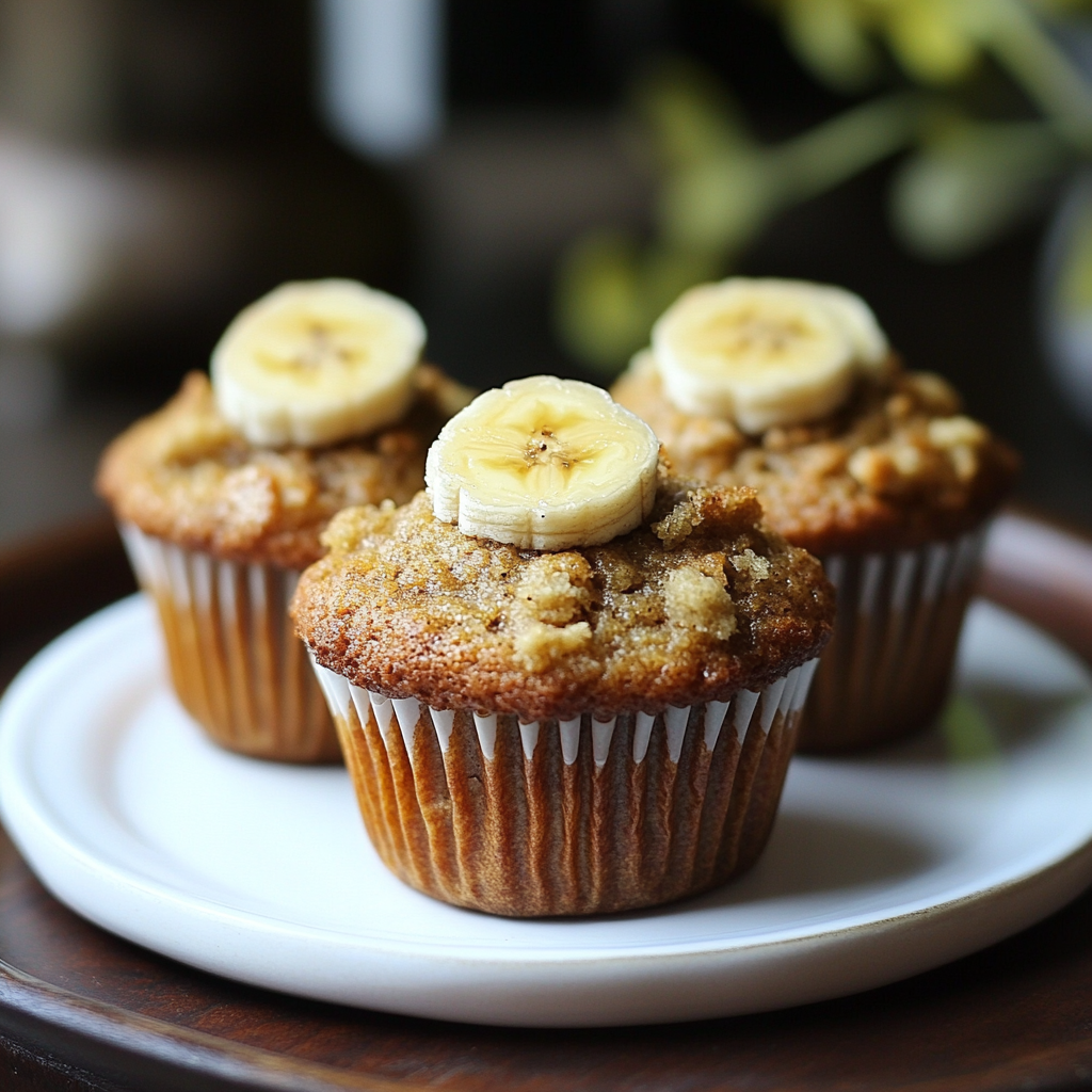 Freshly baked banana bread muffins topped with walnuts on a plate, served with a cup of coffee.3