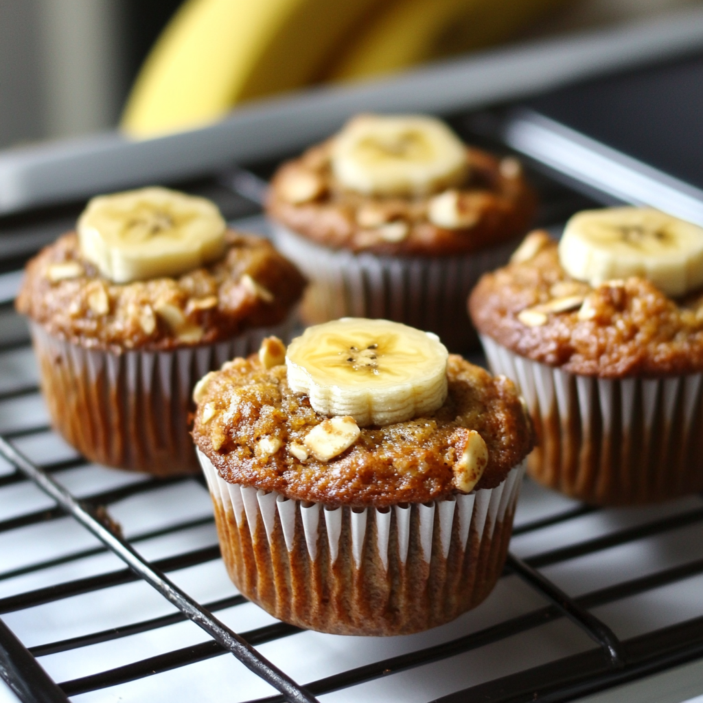 Freshly baked banana bread muffins topped with walnuts on a plate, served with a cup of coffee.2