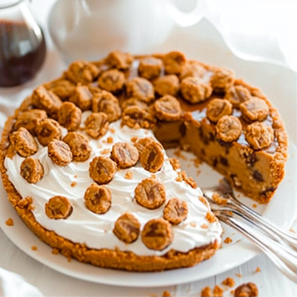 Close-up of a rich and creamy Biscoff Cookie Pie topped with whipped cream and crushed Lotus Biscoff cookies.4