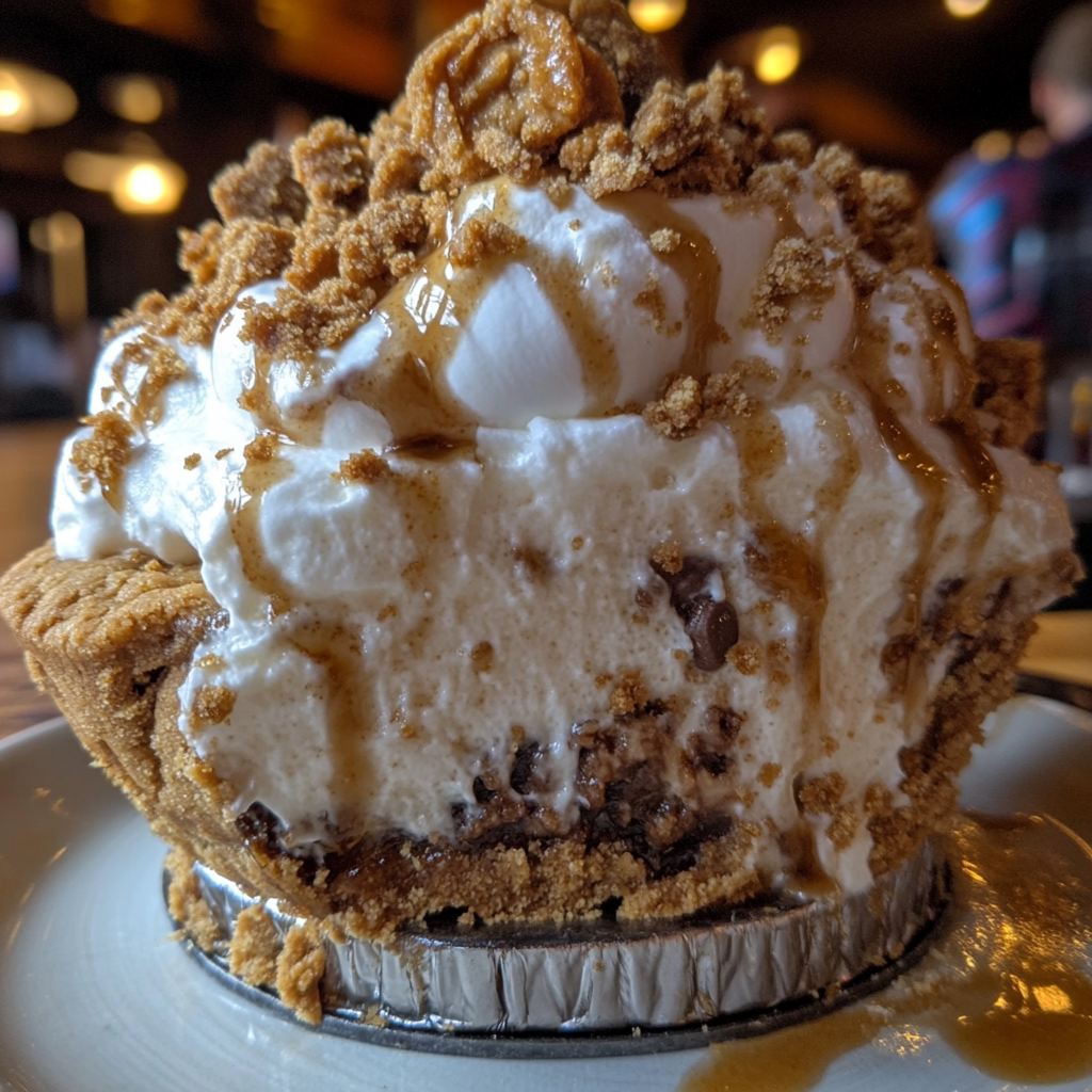 Close-up of a rich and creamy Biscoff Cookie Pie topped with whipped cream and crushed Lotus Biscoff cookies.2