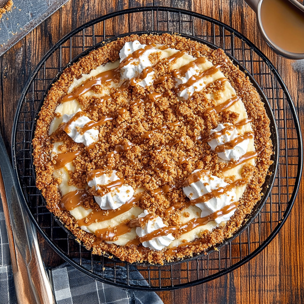 Close-up of a rich and creamy Biscoff Cookie Pie topped with whipped cream and crushed Lotus Biscoff cookies.1