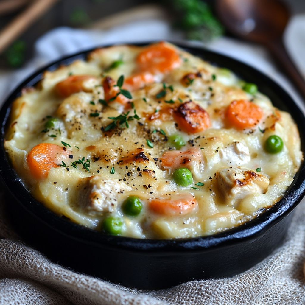 Freshly baked Campbell’s Chicken Pot Pie with golden crust and creamy chicken filling on a rustic plate.3