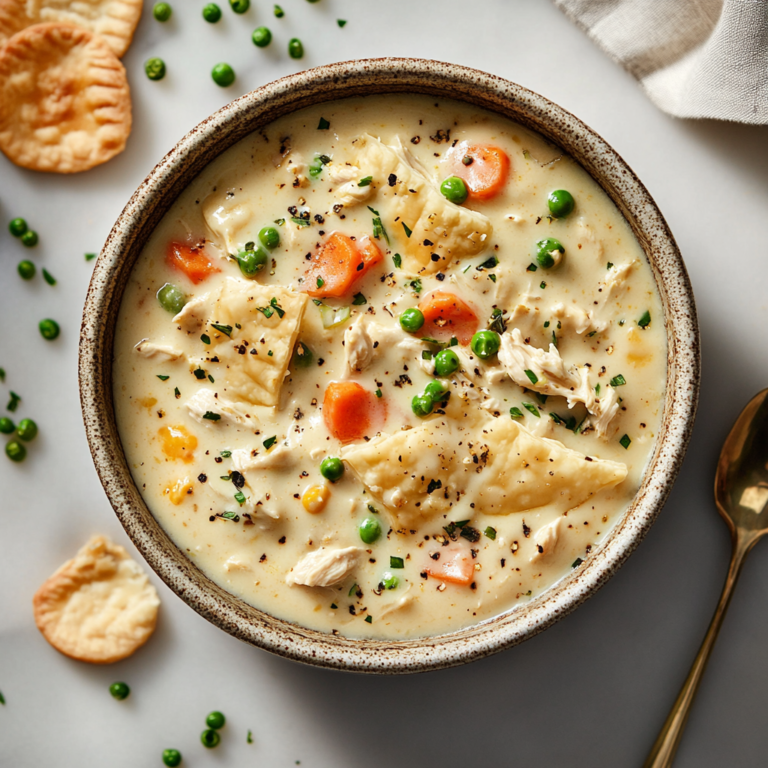 Freshly baked Campbell’s Chicken Pot Pie with golden crust and creamy chicken filling on a rustic plate.1
