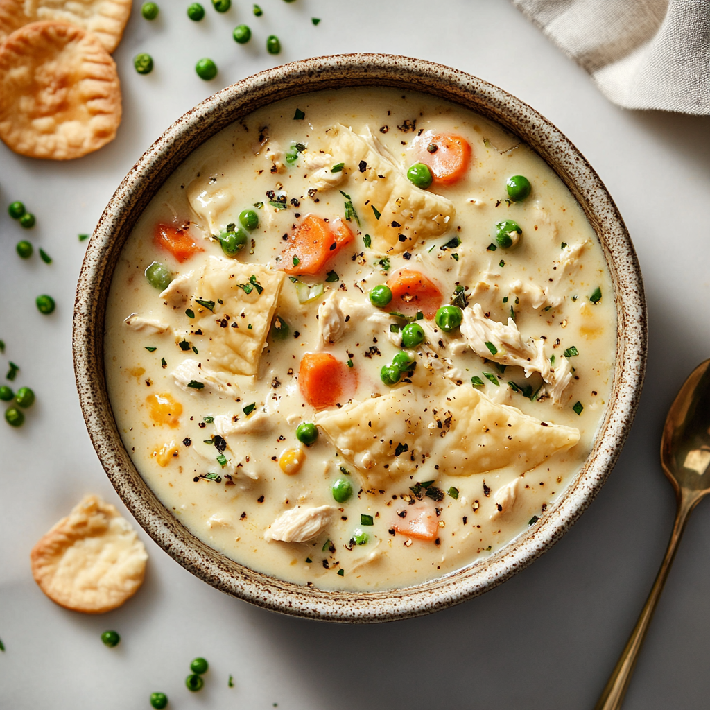 Freshly baked Campbell’s Chicken Pot Pie with golden crust and creamy chicken filling on a rustic plate.1