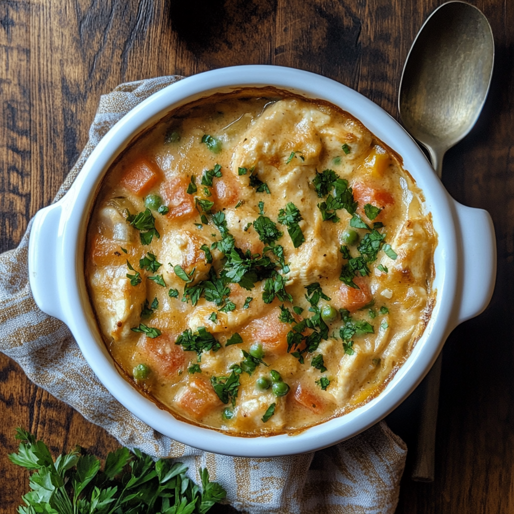Freshly baked Campbell’s Chicken Pot Pie with golden crust and creamy chicken filling on a rustic plate.2