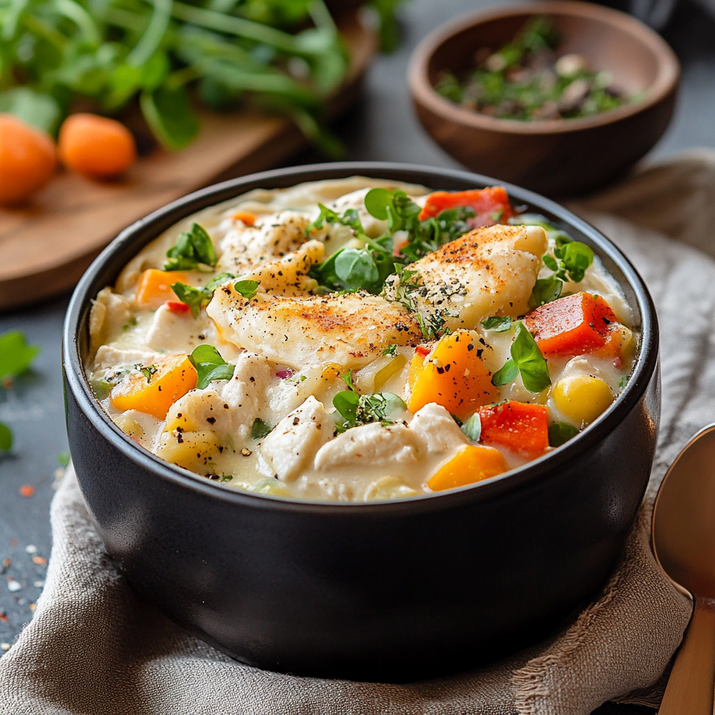 Golden homemade chicken pot pie with creamy filling and flaky crust – the perfect comfort food dinner.4