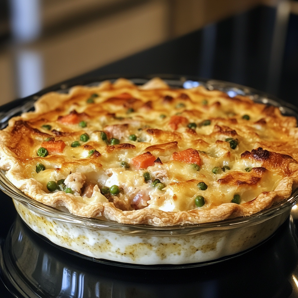 Golden homemade chicken pot pie with creamy filling and flaky crust – the perfect comfort food dinner.3