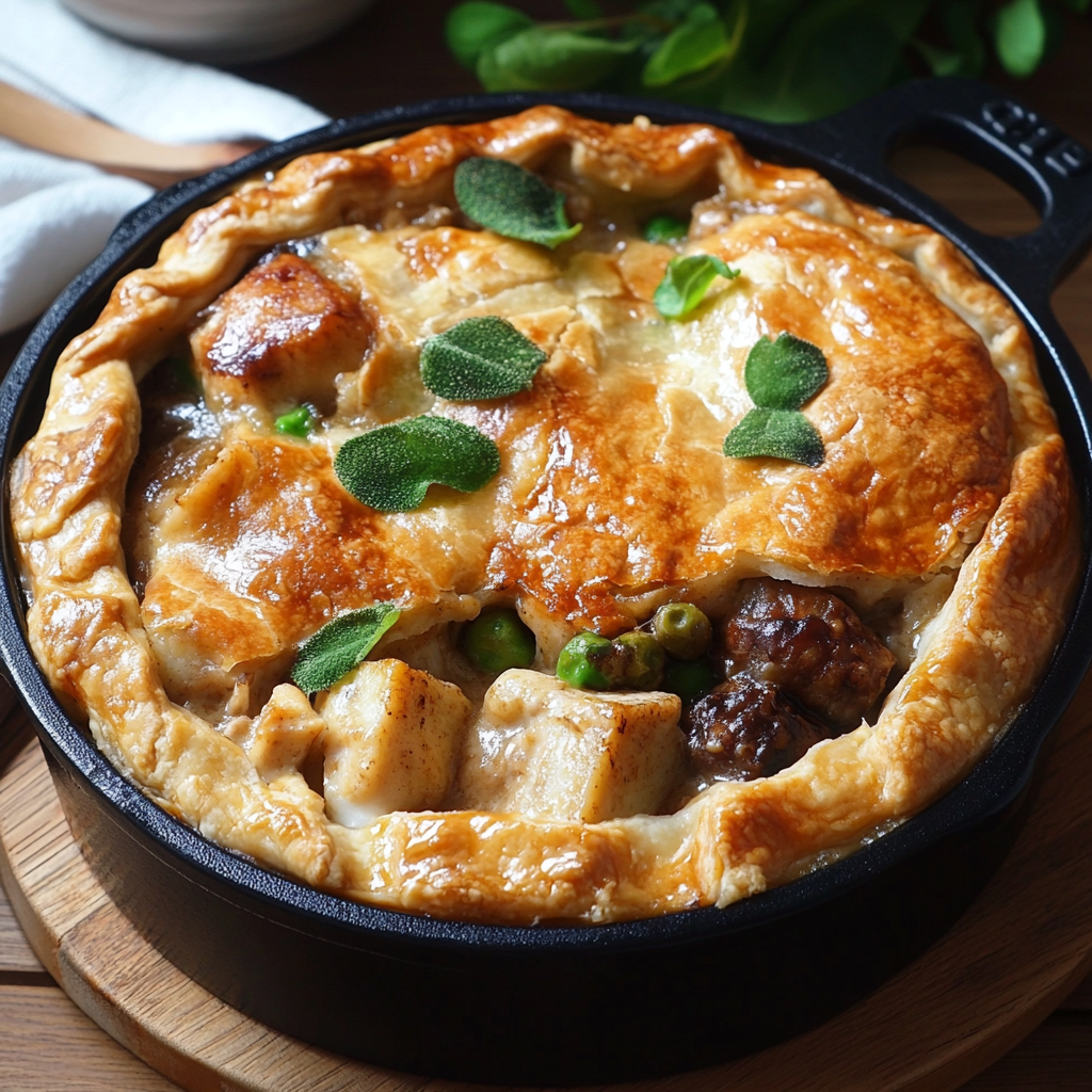 Golden homemade chicken pot pie with creamy filling and flaky crust – the perfect comfort food dinner.2
