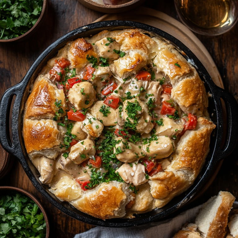 Golden homemade chicken pot pie with creamy filling and flaky crust – the perfect comfort food dinner.1