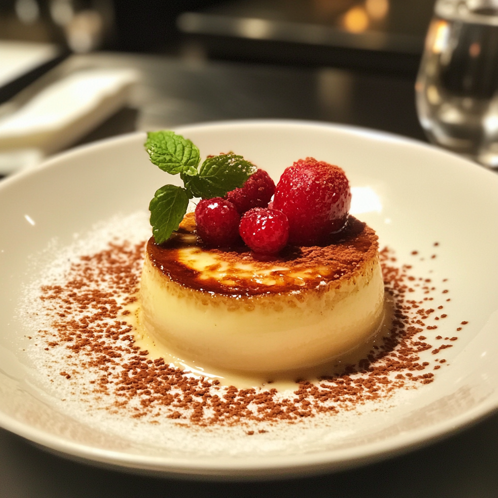 Classic crème brûlée recipe with caramelized sugar topping in a white ramekin, garnished with berries and mint4