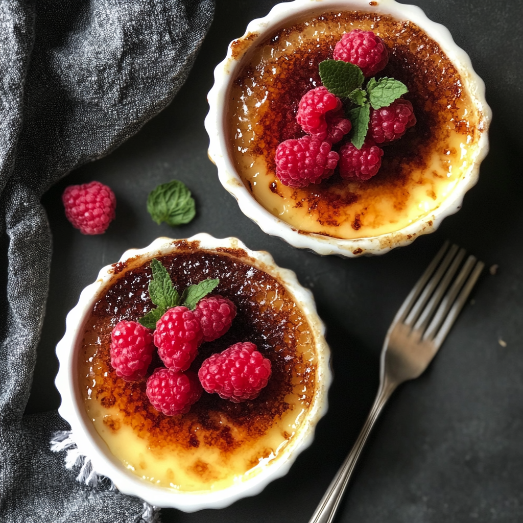 Classic crème brûlée recipe with caramelized sugar topping in a white ramekin, garnished with berries and mint3