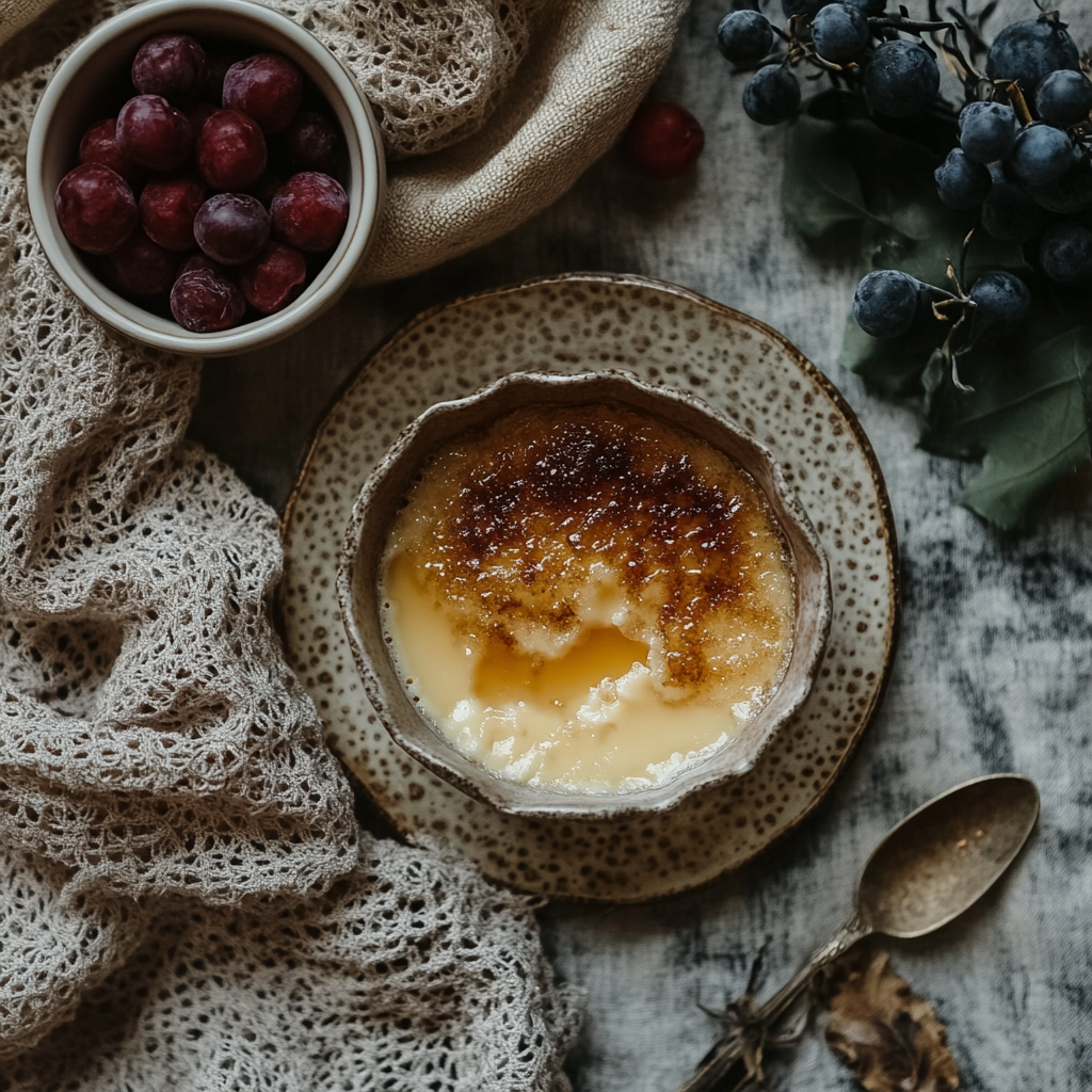 Classic crème brûlée recipe with caramelized sugar topping in a white ramekin, garnished with berries and mint2