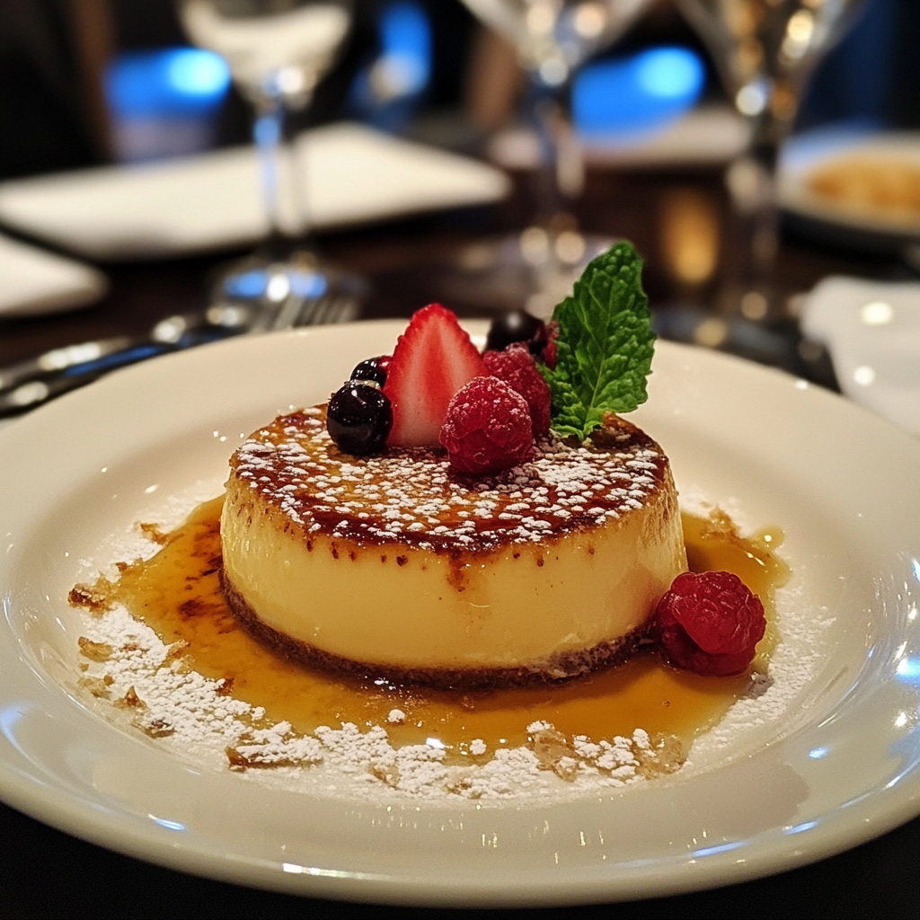 Classic crème brûlée recipe with caramelized sugar topping in a white ramekin, garnished with berries and mint1