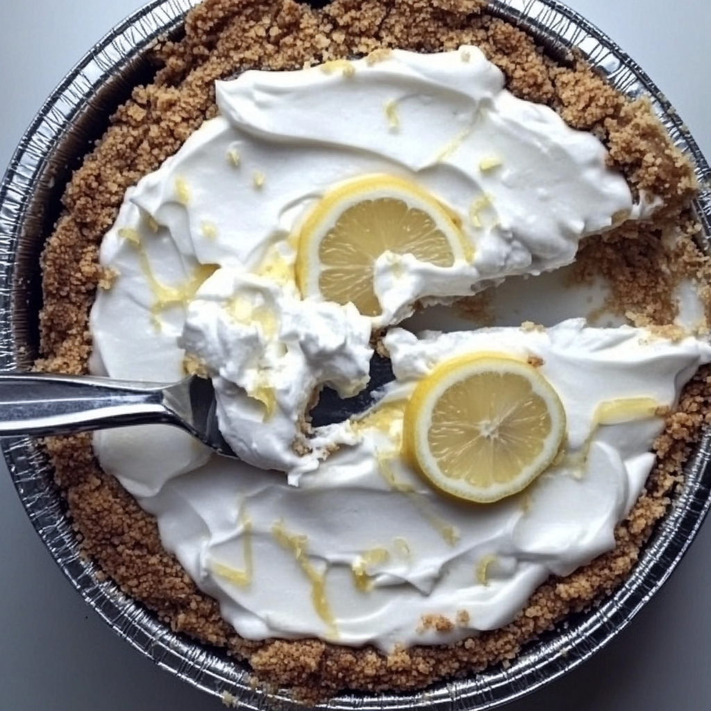A slice of creamy lemon pie with a golden graham cracker crust, topped with whipped cream – the perfect homemade lemon dessert.2