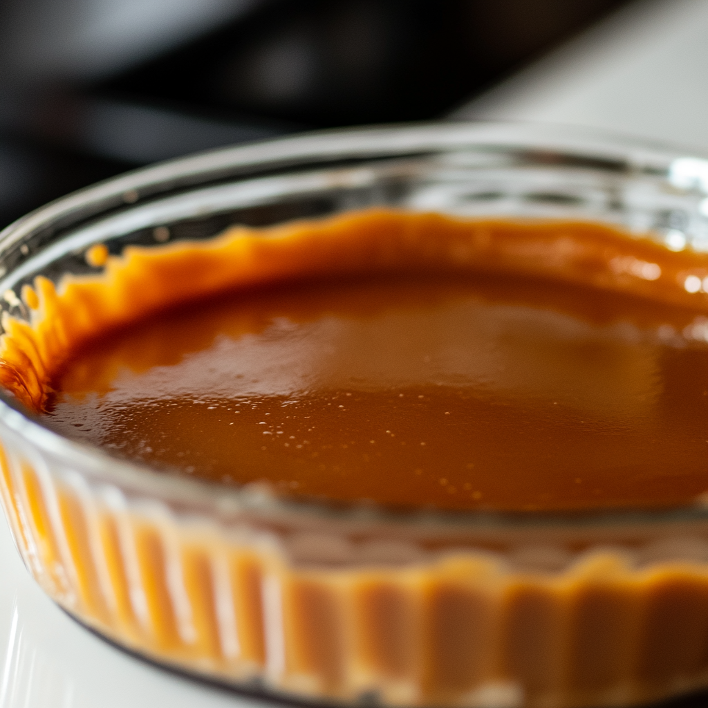 Creamy crème caramel without an oven served on a white plate with caramel sauce dripping over the sides.3