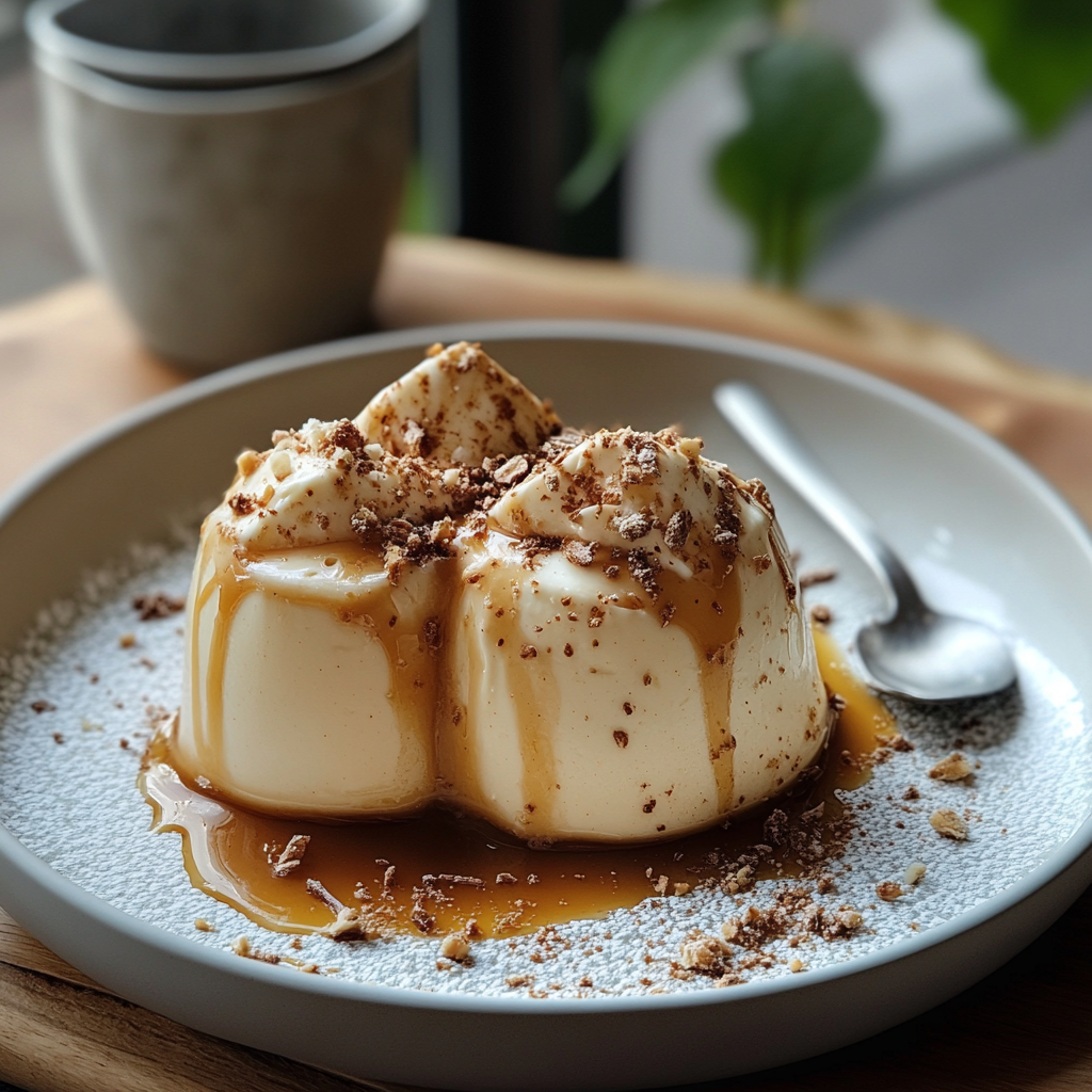 A perfectly set Double Cream Crème Caramel topped with glossy golden caramel, served on a white plate with fresh mint and berries.4