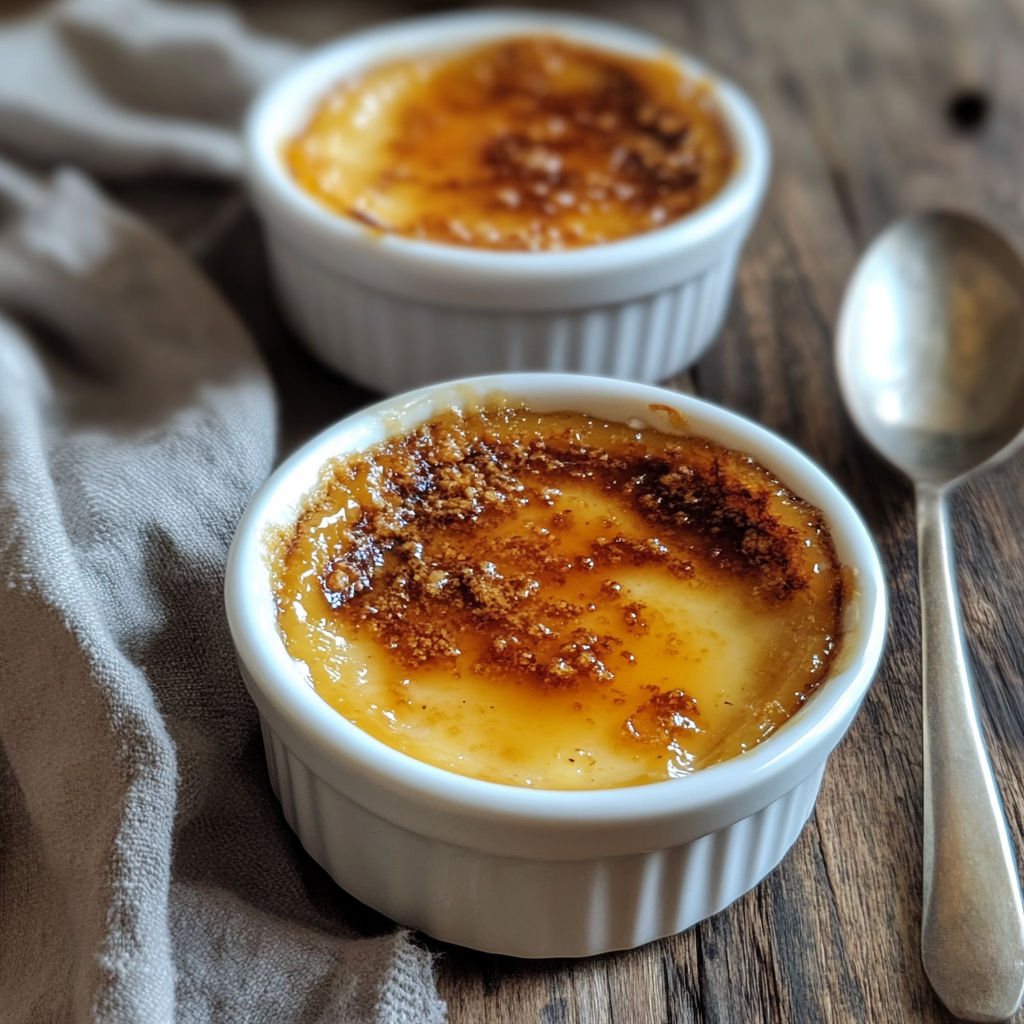 A perfectly set Double Cream Crème Caramel topped with glossy golden caramel, served on a white plate with fresh mint and berries.3