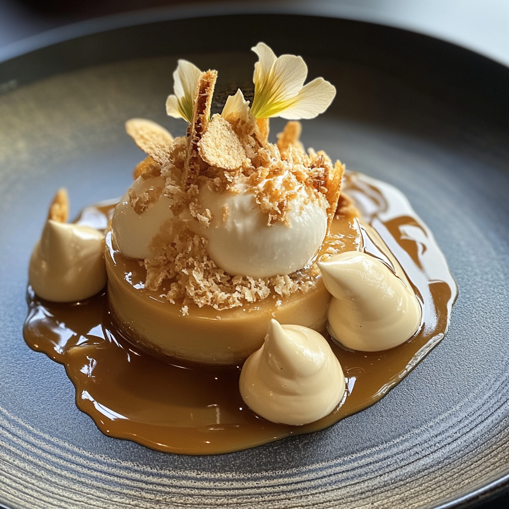 A perfectly set Double Cream Crème Caramel topped with glossy golden caramel, served on a white plate with fresh mint and berries.2