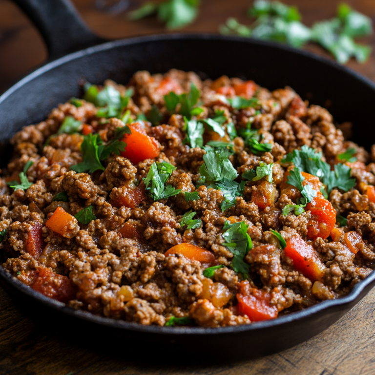 Cheesy sausage pasta bake in a skillet – a delicious example of easy ground sausage recipes for dinner.1
