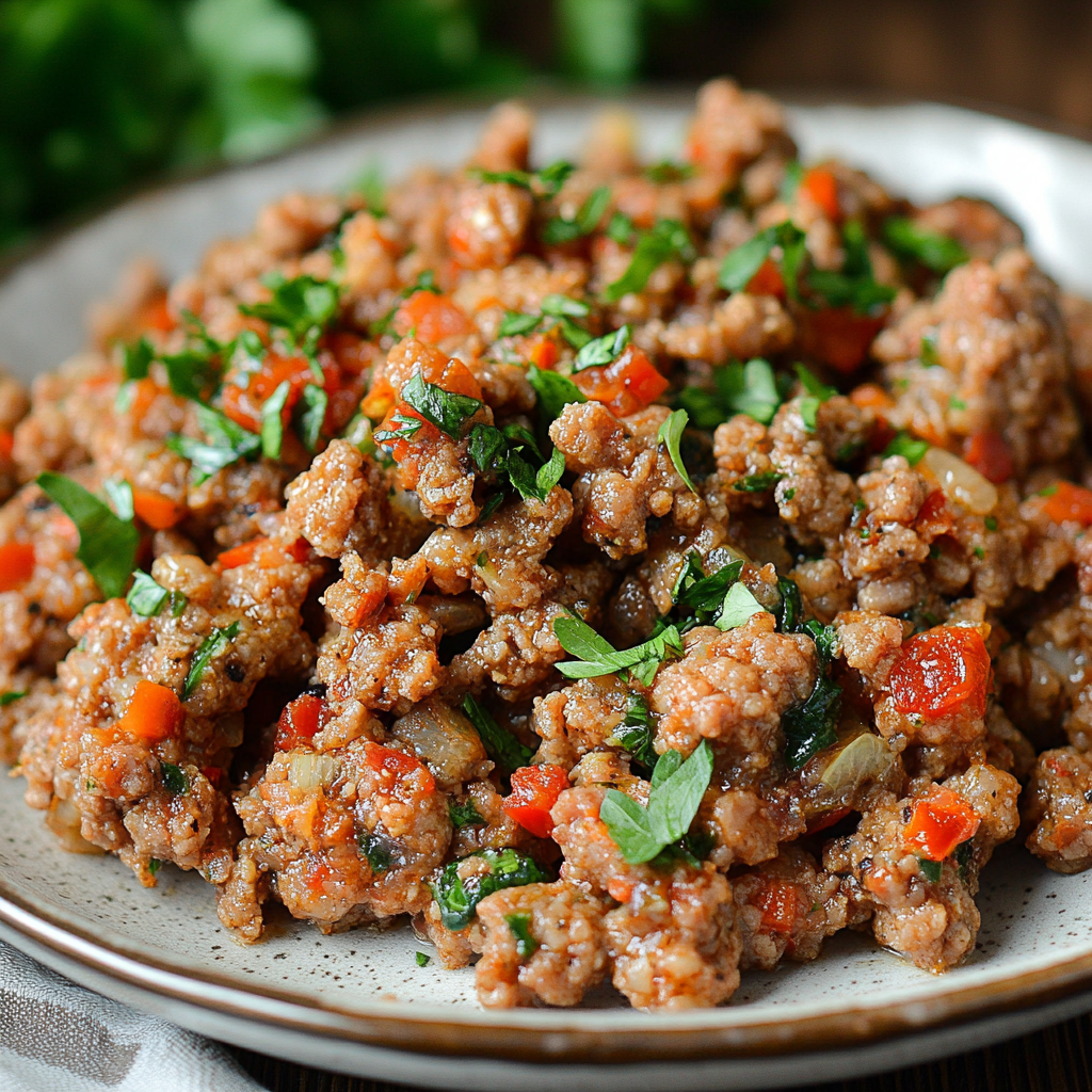 A colorful plate of lean ground sausage stir-fry with vegetables, part of a healthy ground sausage recipe for a nutritious, low-fat meal.2