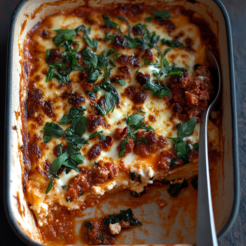 Italian Lasagna with Béchamel sauce topped with golden melted cheese and garnished with fresh herbs2