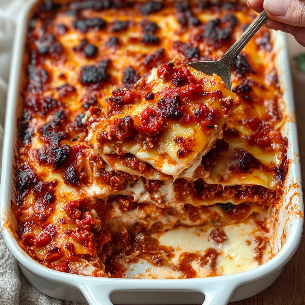Italian Lasagna with Béchamel sauce topped with golden melted cheese and garnished with fresh herbs3
