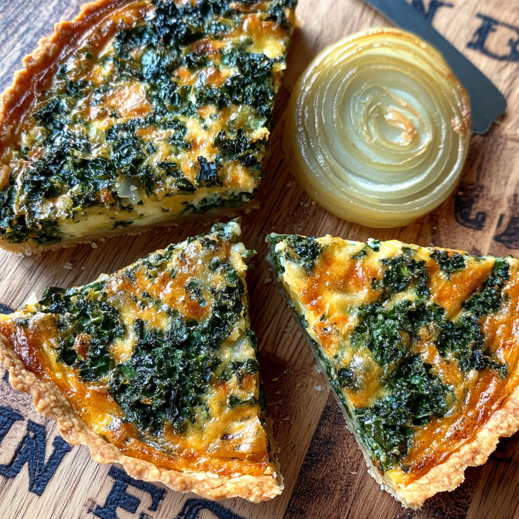 Freshly baked kale and onion quiche with golden crust, filled with sautéed kale, caramelized onions, and melted cheese.4