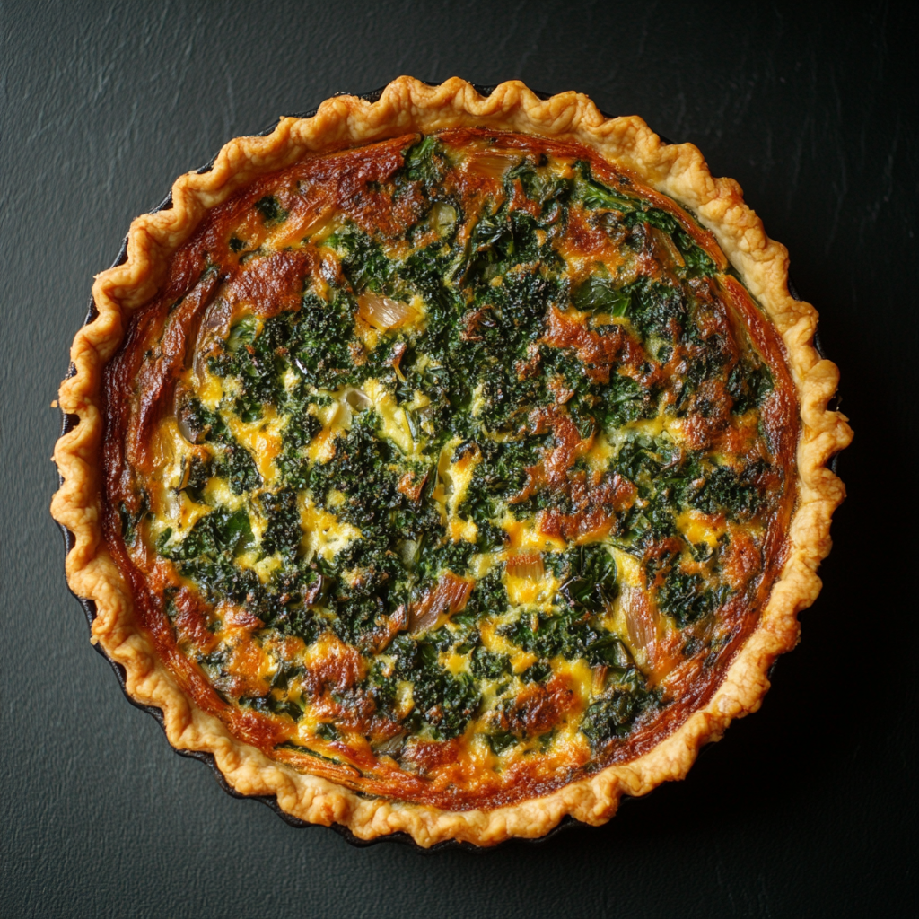 Freshly baked kale and onion quiche with golden crust, filled with sautéed kale, caramelized onions, and melted cheese.3