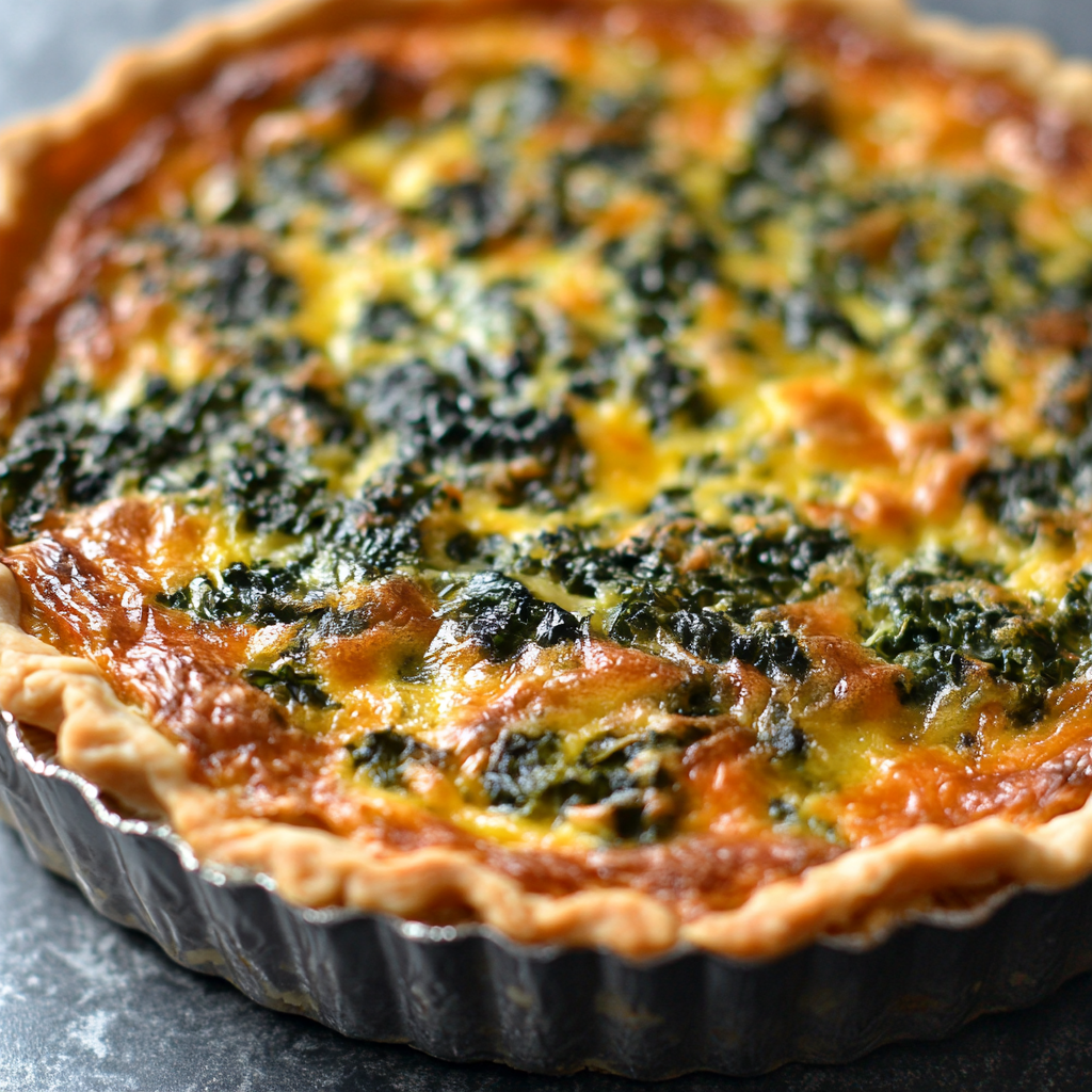 Freshly baked kale and onion quiche with golden crust, filled with sautéed kale, caramelized onions, and melted cheese.2