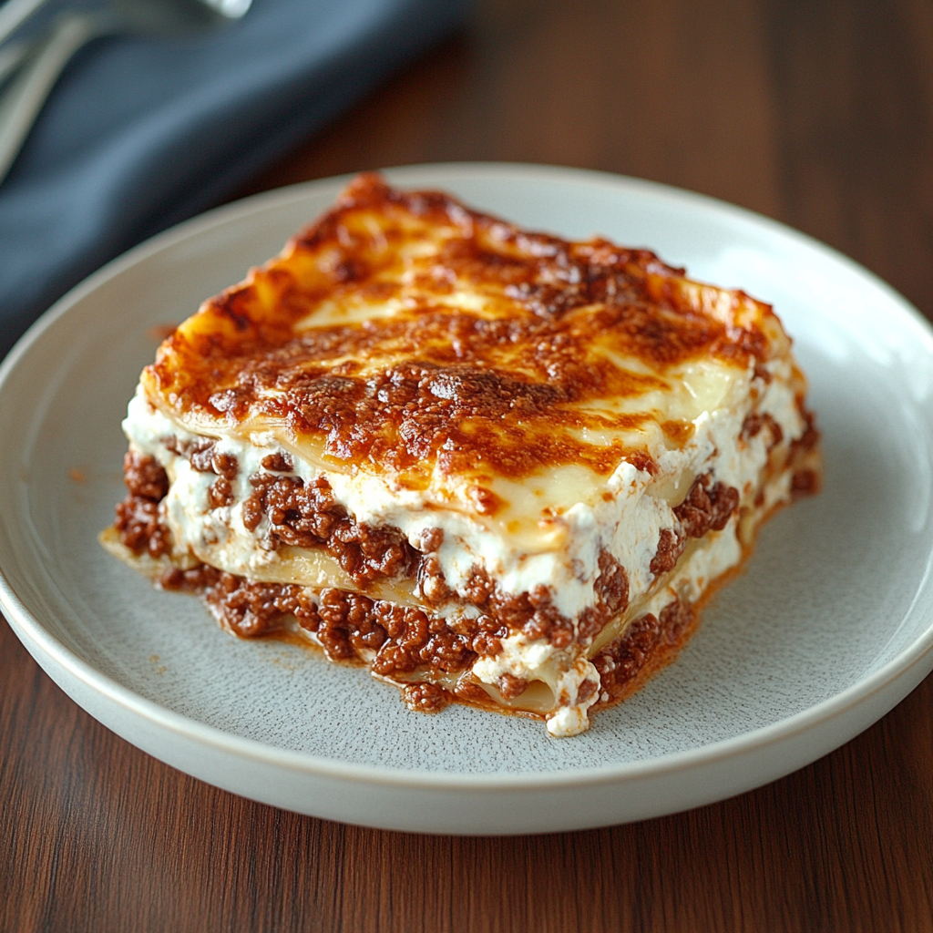 Freshly baked Lasagna Bolognese with golden cheese topping, showcasing classic Italian lasagna with rich meat sauce and creamy béchamel.3
