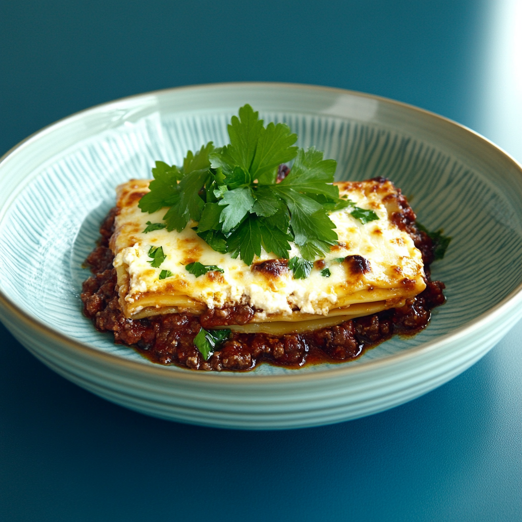 Freshly baked Lasagna Bolognese with golden cheese topping, showcasing classic Italian lasagna with rich meat sauce and creamy béchamel.4
