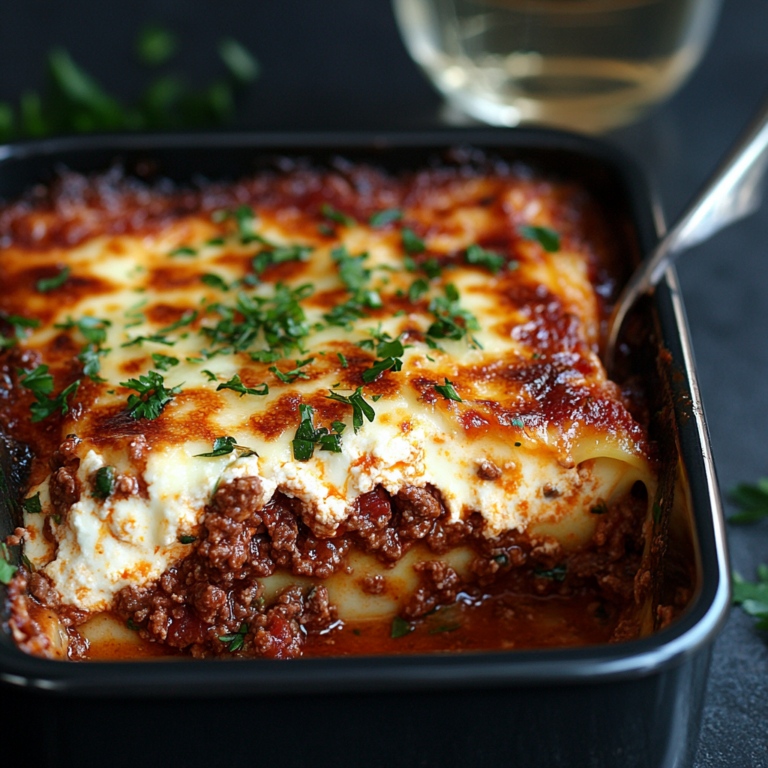 Freshly baked Lasagna Bolognese with golden cheese topping, showcasing classic Italian lasagna with rich meat sauce and creamy béchamel.1