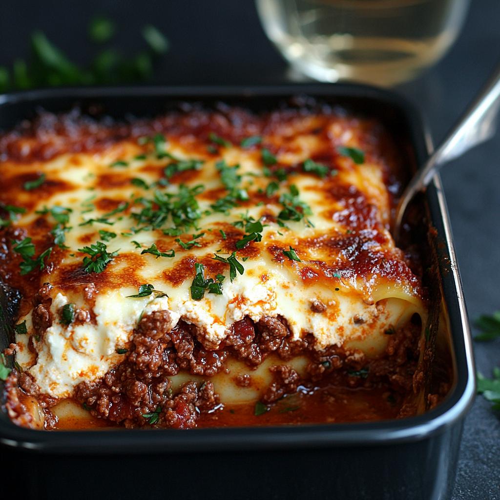 Freshly baked Lasagna Bolognese with golden cheese topping, showcasing classic Italian lasagna with rich meat sauce and creamy béchamel.1