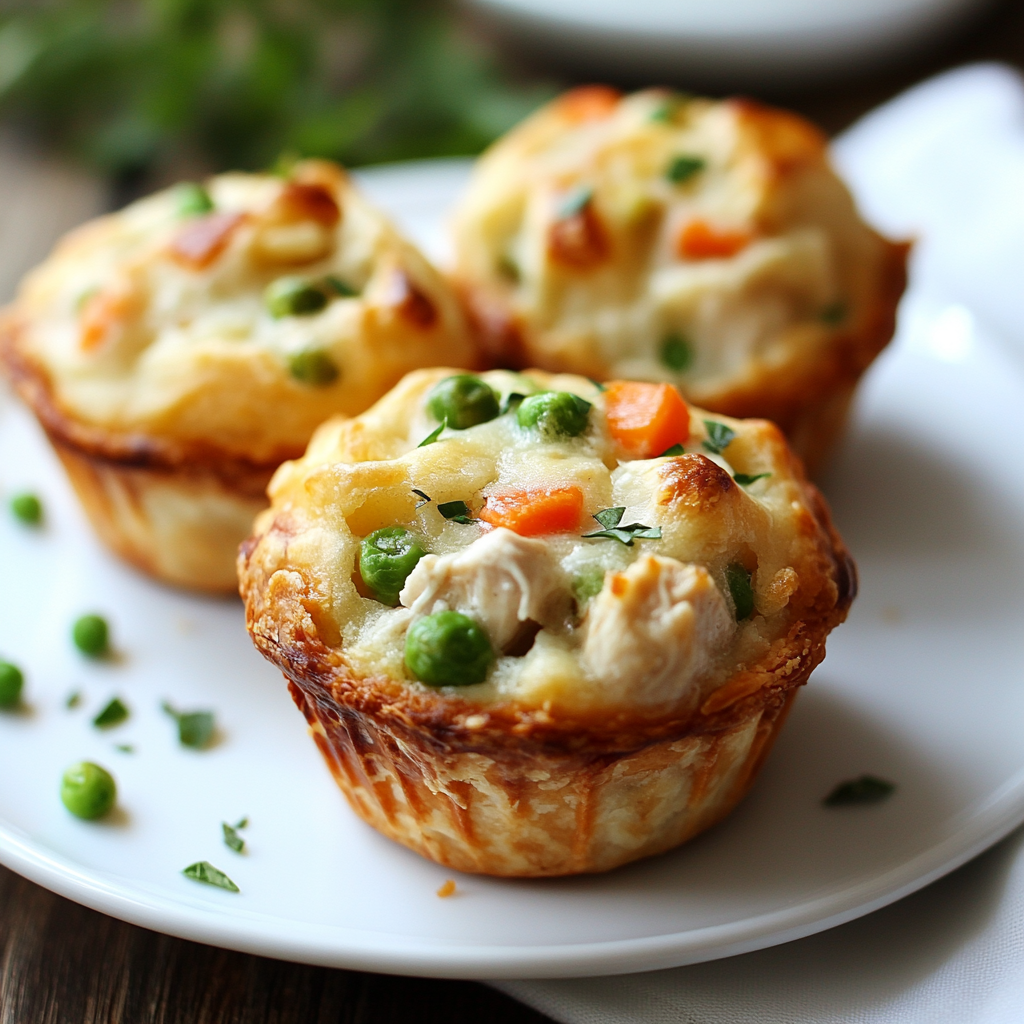 Freshly baked Pillsbury Chicken Pot Pie Muffins in a muffin tin, golden and flaky, filled with chicken and vegetables.4