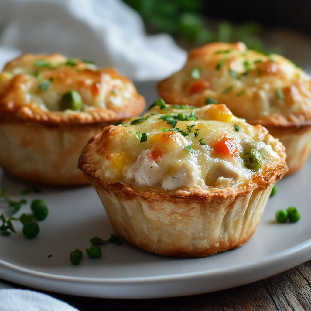 Freshly baked Pillsbury Chicken Pot Pie Muffins in a muffin tin, golden and flaky, filled with chicken and vegetables.2