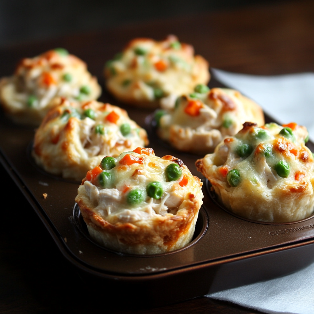 Freshly baked Pillsbury Chicken Pot Pie Muffins in a muffin tin, golden and flaky, filled with chicken and vegetables.3