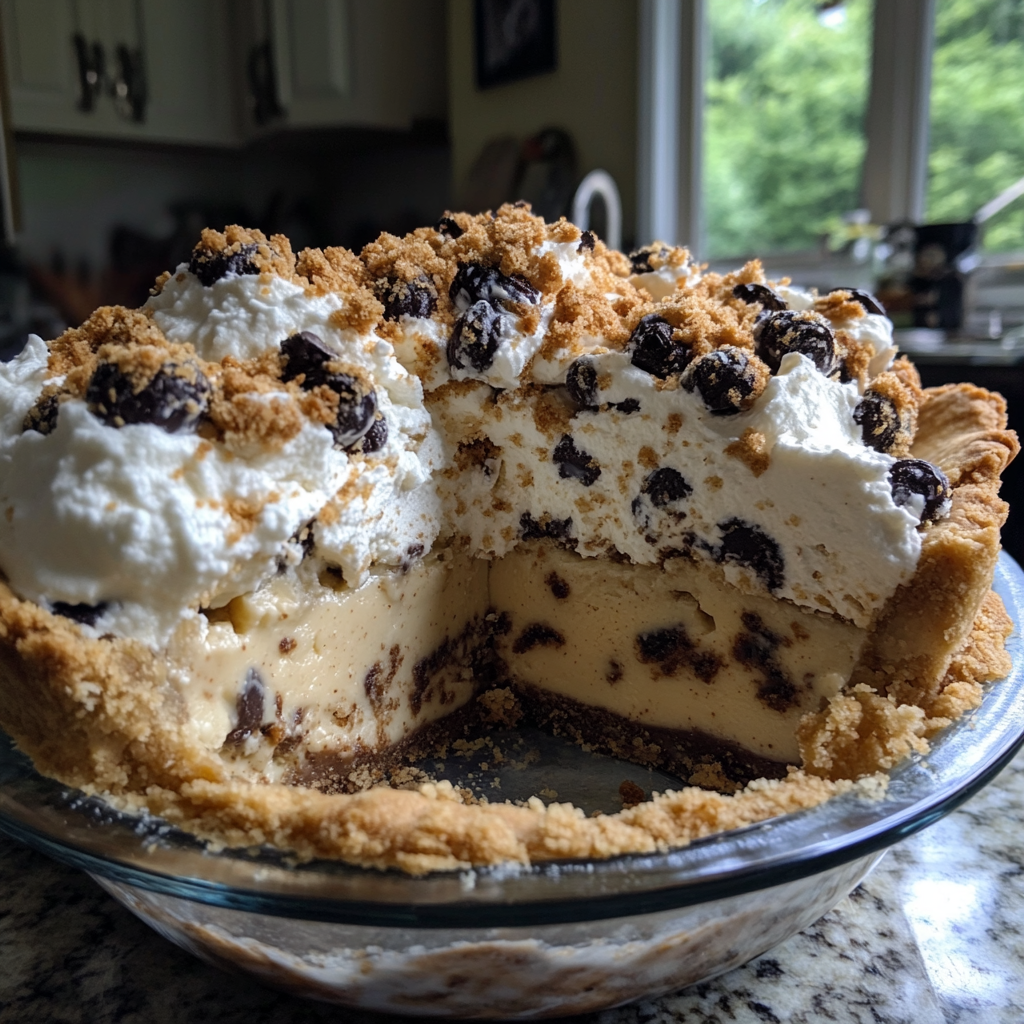 A slice of creamy Speculoos Cookie Butter Pie topped with whipped cream and cookie crumbles on a white plate.4