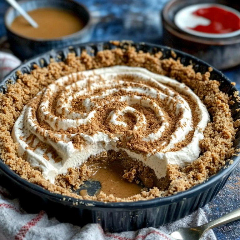 A slice of creamy Speculoos Cookie Butter Pie topped with whipped cream and cookie crumbles on a white plate.1