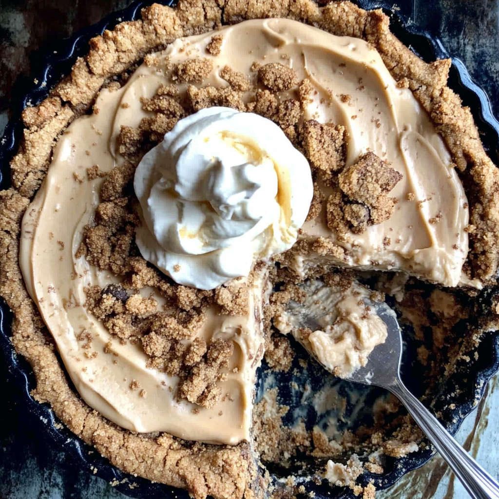 A slice of creamy Speculoos Cookie Butter Pie topped with whipped cream and cookie crumbles on a white plate.2