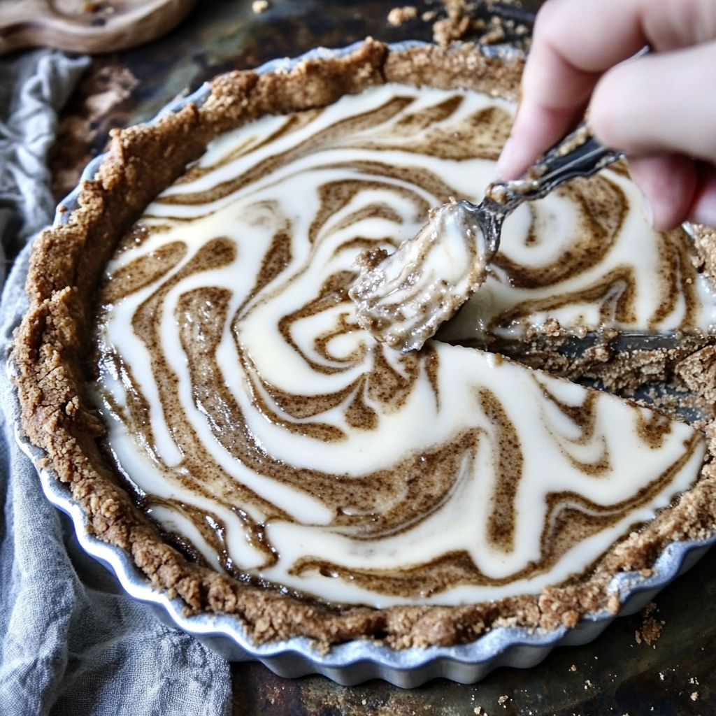 A slice of creamy Speculoos Cookie Butter Pie topped with whipped cream and cookie crumbles on a white plate.3